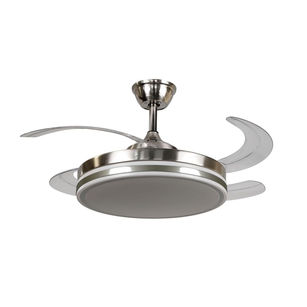 VENTILADOR APP MOVIL FACIL MONTAJE EN TECHO DC LED ATENUABLE RETRACTIL 4 ASPAS - Opción Sin Pitido, Temporizador, Control Invierno Verano, 3 Tonos, Modo Brisa, Bajo consumo (Níquel, 107D)