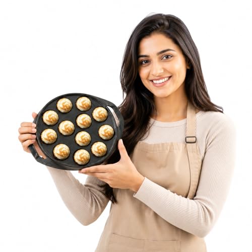 GEMMA Cast Iron Paniyarakal Pan|8-Inch 12-Cavity Appe Pan|Pre-Seasoned Stick-Free|100% Pure Cast...