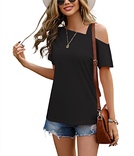 Jinkesi Women's Short Sleeve Tunic Tops Casual Summer Cold Shoulder Blouse Shirts Black-Large #TOP2