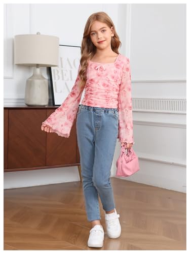 Image of Verdusa Girl's Floral Print Square Neck Lettuce Trim Long Bell Sleeve Ruched Tee Top
