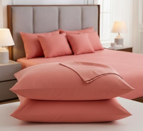 Image of 400TC Cotton Feel Glace Cotton Double Bed Elastic Fitted Bedsheet King Size Set || Includes 1 Solid Plain Fitted Bedsheet King Size with 2 Pillow Covers (78 x 72 Inches, Mist Red)
