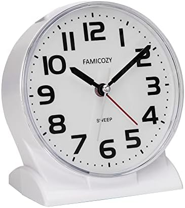 FAMICOZY Silent No Ticking Analog Alarm Clock,Readable for Seniors Vision Impaired,Easy to Set,Gradual Rise Alarm,Snooze,Gentle Wake,Soft backlight,Battery Operarted,White