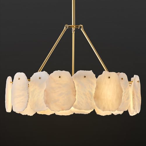 OSRoyce Alabaster Chandelier 24 Brass Round Chandeliers Luxury Modern White Marble Chandeliers for Living Room Dining Room Bedroom Foyer Bathroom Kitchen Entryway Hallway