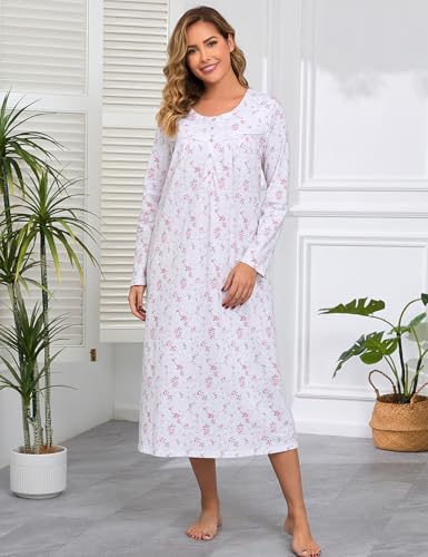 Image of IZZY + TOBY Nightgowns for Women Long Sleeve Soft Cotton Long Warm Nightdress Kintted Night Gown