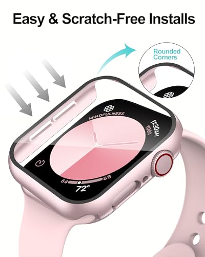 Image of Smiling 2 Pack Case Compatible with Apple Watch Apple Watch SE 3 (2025) / SE 2 / SE /Series 6 /5 /4 44mm with Tempered Glass Screen Protector, Hard PC Case Overall Protective Cover- 1 Pink + 1 Transparent