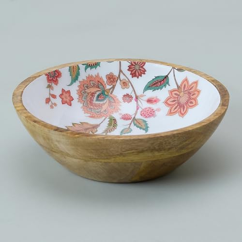 Image of SAAGA Printed Mango Wood Mixing Bowl - 8 x 2.5 Inch Large Wooden Serving Bowl | Stylish Salad, Fruit & Snack Bowl - Cinder Printed Bowl