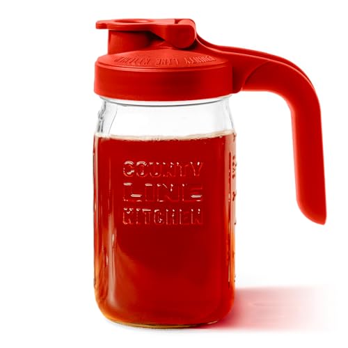 Image of County Line Kitchen Glass Mason Jar Pitcher with Lid - Wide Mouth, 1 Quart (32 oz) - Heavy Duty, Leak Proof - Sun & Iced Tea Pitcher, Cold Brew Coffee, Breast Milk Storage, Water - Red