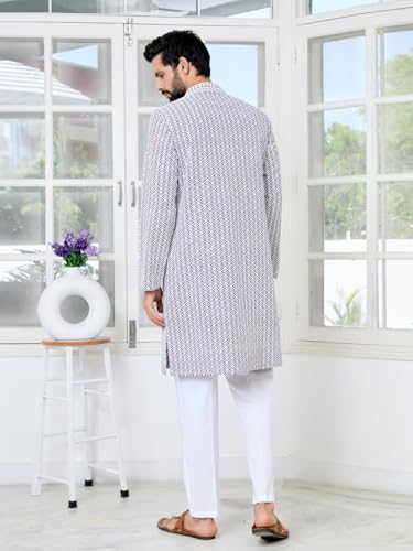 Image of See Designs Men's Full Sleeve Mandarin Collar Embroidered Thread Work Sequinned Rayon Straight Long Kurta - Festive Collection
