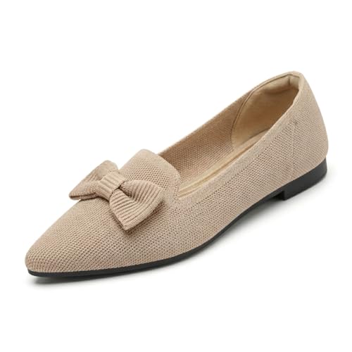 Adaiixyc Flats for Women Mesh Ballet Flats with Bow Pointed Toe Dressy Comfortable Knit Breathable for Work Office Beige US8