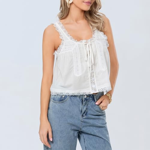 Women Lace Trim Vest Tank Tops Semi Sheer Tie Button Front Crop Y2K Going Out Tops Cute Summer Cami Shirt3