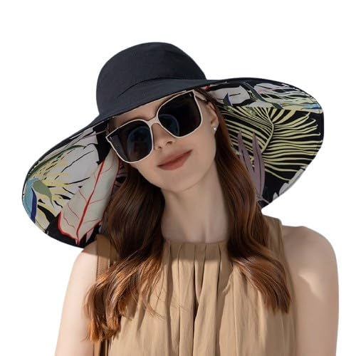 Women's Double-Sided Bucket Hat Summer Plus Brim Sun Fashion Hat (Double Sided - Black)