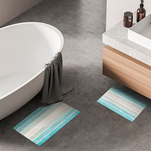 The Beer Valley Bathroom Rugs Set 2 Piece In 100% Cotton Alpine Stripe 21X32/17X24 - Aqua Turquoise, Reversible Bath Rugs Set, Cotton Bath Mat,Cotton Bath Rugs, Soft Absorbent Machine Washable #TOP2
