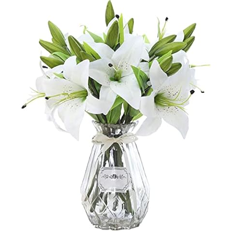 Aiinoo 5pcs Artificial Lily Faux Flowers Plastic Easter Tiger Lily Real Touch Bouquet for Wedding Party Home Garden Hotel Decor (White) Cover