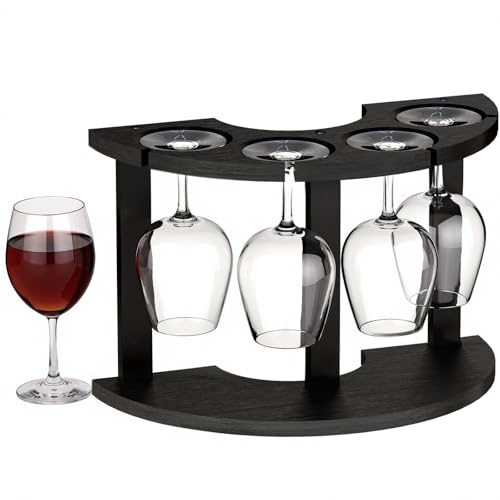 Countertop Wood Hanging Wine Glass Rack for 4 Glasses, Wooden Wine Glass Holder, Semi-Circular Wooden ,Tabletop Tray Freestanding Organizer - Home, Kitchen, Dining Room Bar black Rack(no glasses)