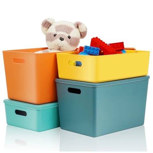 4 PCS Colorful Storage Bins with Lid, Stackable Classroom Storage Bins for Teachers, Toys Craft Organizers and Storage with Handle for Shelves, Cube Storage Bin for Nursery, Kids Room, Office