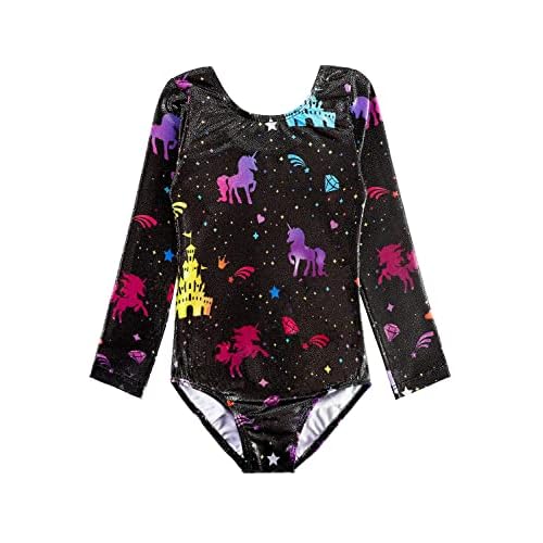 HOZIY Long Sleeve Leotards for Girls Gymnastics Kids Toddler Tumbling Outfits Floral Unicorn Galaxy Rainbow Stripe Pattern 3-4T Castle Diamond Unicorn