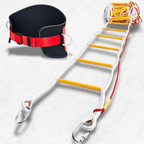 ISOP Fire Rescue Ladder 10m for 4 Storey Houses - Fire Ladders with Heavy Duty Carabiners and Safety Belt - Quick to Install and Easy to Use - Fire Evacuation Ladder - Weather Resistant, Certified