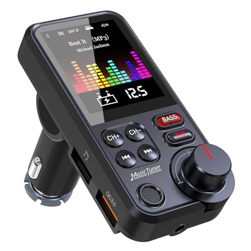 Bluetooth Coche Transmisor FM, Mechero Coche Bluetooth Musica de Car Radio, Soporte MP3 Adaptador Reproductor, Manos Libres, Spotify, USB Viajar Cargador, Pantalla HD, SD Jack, Enchufe Aux