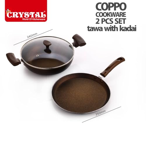 Image of Crystal Vivid Series Nonstick Cookware Set -3 Pcs | Tawa 250 mm + Kadai 240 mm + Glass Lid 240mm | Gas Stove Compatible