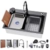 295 177 inch Kitchen Sink Single Bowl Stainless Steel Sink Multifunctional Drop In Sink with Pull Down Faucet and Multiple Accessories black grey 295 177 inch