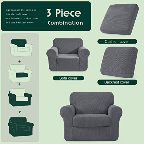 Chun Yi 3 Piece Stretch Armchair Sofa Cover, 1 Seater Couch Slipcover With One Separate Backrest And Cushion With Elastic Band, Checks Spandex Jacquard Fabric(Small,Light Gray) #TOP2