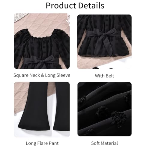 Image of HIHA Girls Fall Clothes Long Sleeve Chiffon Swiss Dot Top Black Flare Legging Pants Set