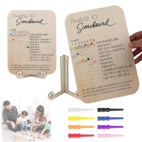 Gouenl 2 Packs Phase 10 Score Board, 2025 New Wooden Phase 10 Scoreboard with 8 Colored Pegs for Phase 10 Card Game, Phase Ten Score and Round Tracker Fun Board Games for Families, Adults