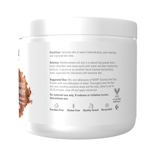NOW Foods NOW Solutions, Mediterranean Red Clay Powder, Pure Powder for Sensitive Skin Facial Mask, 6-Ounce