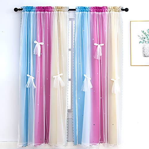 Yancorp 2 Panels Set 70" Width Room Darkening Blackout Kids Curtains Lace Drapes Star Double 2-Layer Window Curtain Girls Bedroom Living Room (Pink Blue,W35 X L84)