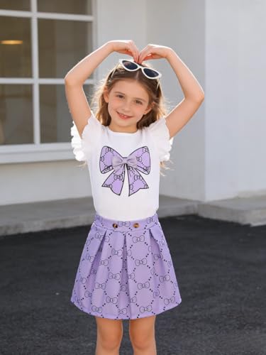 Image of Azmxynol Toddler Girls Clothes Cap Sleeve T-Shirt + Bowknot Print 2pcs Summer Shorts Outfit Set For Girls, Size 4-8 Years