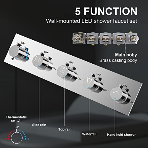 Luxury Led Shower System, Bluetooth Control Smart Music Thermostatic Rain Shower Set With Multi-Function Remote Control 580×380Mm #TOP2