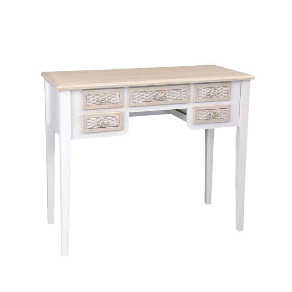 Scrivania Bianca in Legno 90x40x79 cm con 5 Cassetti, Scrittoio Elegante Stile Shabby Charm per Studio, Camera e Cucina
