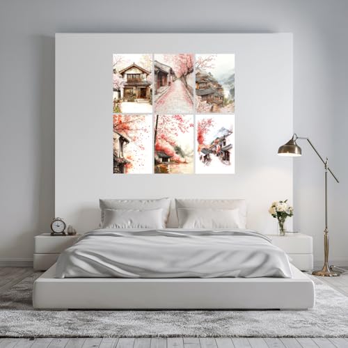 Image of SiddArtify Asian Wall Art Poster Print Set - Watercolor Landscape & Building Decor for Living Room Bedroom Office - 12x18 inch Sticker Pack of 6