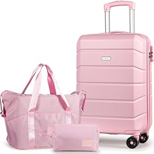 H.yeed Carry-On Hand Suitcase Hard Shell Trolley, Lightweight Travel Cabin Luggage with TSA Lock and Durable 4 Spinner Wheels, 21 inch + Travel Duffels Bag & Toiletry Bag (Pink, 21 Inch Set)