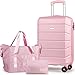 H.yeed Carry-On Hand Suitcase Hard Shell Trolley, Lightweight Travel Cabin Luggage with TSA Lock and Durable 4 Spinner Wheels, 21 inch + Travel Duffels Bag & Toiletry Bag (Pink, 21 Inch Set)