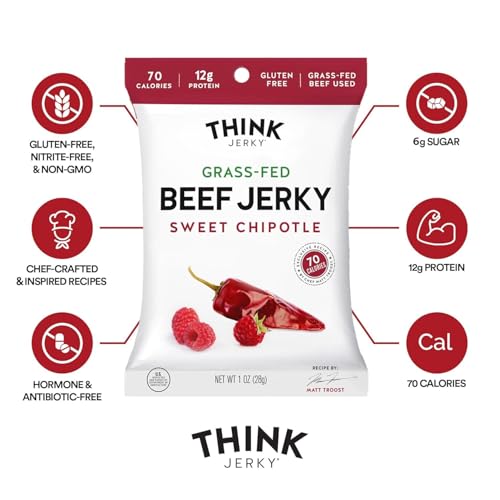 Think Jerky Beef and Turkey Jerky Variety Pack, Original, Sweet Chipotle, Sriracha Honey, Sesame Teriyaki, Healthy Jerky Snack, Healthy Meat Snack, Low Calorie Low Fat - 1.0 oz Bags, 16 Pack