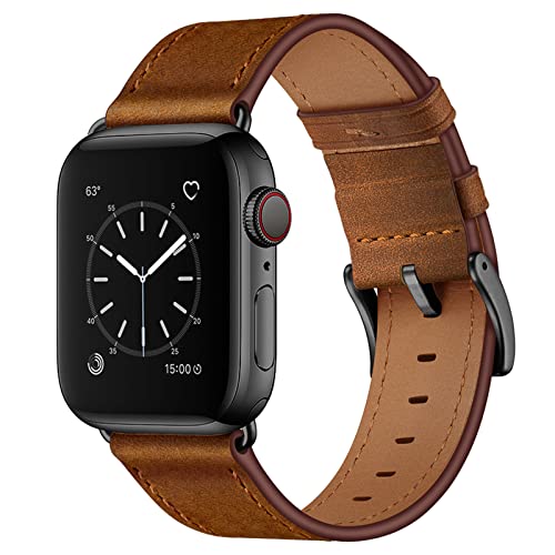 OUHENG Compatible with Apple Watch Band 42mm 41mm 40mm 38mm, Genuine Leather Band Replacement Strap Compatible with Apple Watch Series 10/9/8/7/6/5/4/3/2/1/SE2/SE, Retro Brown/Black