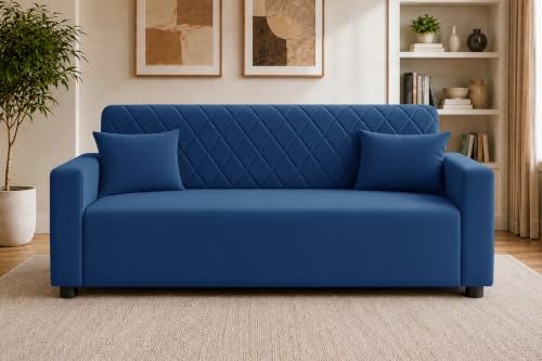 Image of Rosebell 3 Seater Wooden Sofa for Living Room, Modern Fabric Upholstered Sofa with Quilted Backrest, Cushioned Seating, Padded Armrests & Sturdy Wooden Frame - Blue