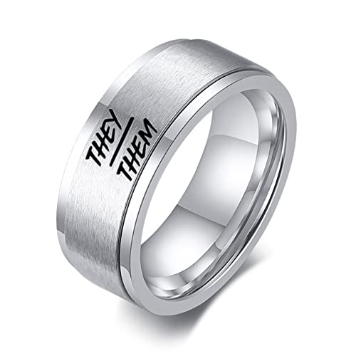 They Them Pronoun Jewelry - Stainless Steel They Them Nonbinary Rotatable Anxiety Relieve Spinner Ring, NB Pride LGBTQ Genderqueer Finger Ring Bisexual Transgender Wedding Band for Him Her,Size 7-12