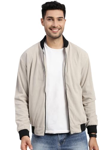 Image of SHOWOFFFF Men Solid Bomber Jacket | Mandarin Collar Full Sleeves Corduroy Jacket for Mens | Slim Fit Regular Length Jacket for Men's