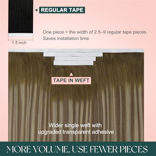Image of Easyouth 120g 22inch Tape in Weft Hair Extensions Human Hair Balayage Human Hair Tape in Extension Dark Brown Fading to Brown Mixed Blonde Invisible Tapes in Weft Extensions Add Volume to Hair 4pcs