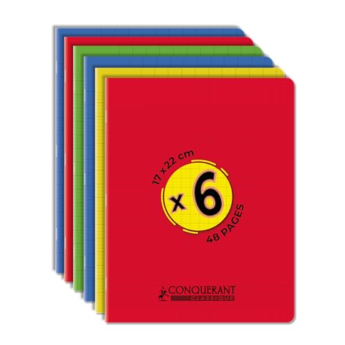 Conquérant Lot de 6 Cahiers 17x22 48 Pages 90g Grands Carreaux Seyès Agrafées Couverture Polypro, Couleurs Assorties