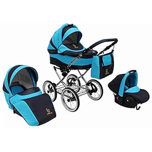 SKYLINE Klassisch Retro Stil Kombi-Kinderwagen Buggy 3in1 Reise System Autositz (Isofix) (Blau/14"Luft Bereifung)