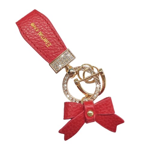 FSTURIOS Rhinestone Leather Bow Keychain for Women (Red)