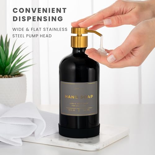 Image of Hand and Dish Soap Dispenser for Kitchen and Bathroom, Set of 2 16 Oz Glass Bottles, Stainless Steel Pumps, Non-Slip Silicone Base, 27 Waterproof Labels (Gloss Black Bottle /Brushed Gold Pump)