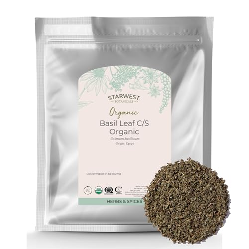 Starwest Botanicals Organic Basil Leaves - Dried Sweet Basil Leaf, Herb for Seasoning Blends & Cooking, Cut & Sifted, Certified Kosher, Non-GMO - Bulk 1 lb Bag