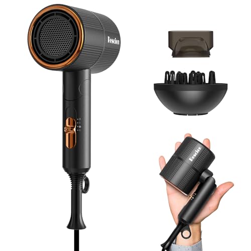 Secador de Pelo Iónico 2000W RESCIEN con Concentrador & Difusor [Pequeño/Plegable /2026NEW - 10 x 7 x 19cm / 250g] Secador de Viaje, Hair Dryer de secado rápido, Secador de salón, silencioso (Negro)