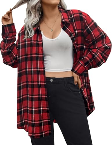IN'VOLAND Womens Plus Size Flannel Plaid Shirt Roll Up Long Sleeve Mid-Long Button Down Shirts Casual Boyfriend Tops