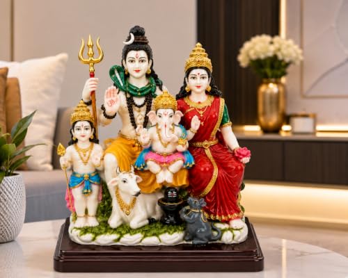 Image of Shiv Parivar Idol 8 Inch | Lord Shiva Maa Parvati Ganesh Kartikeya Murti with Nandi & Shivling | Premium Resin Mahadev Family Statue Showpiece for Home Temple, Mandir, Pooja Room | Diwali Return Gift