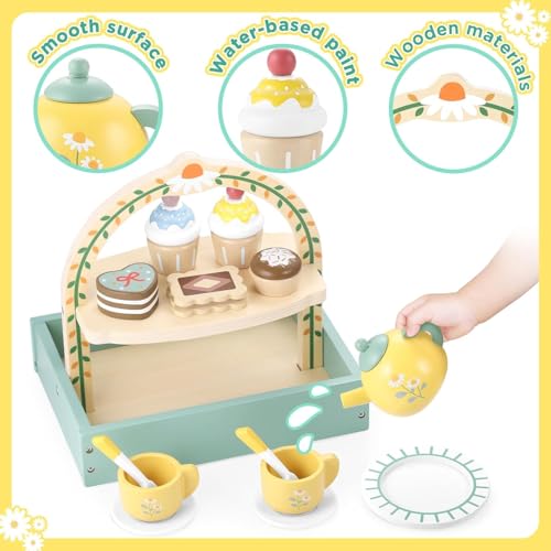 Image of Wooden Tea Party Dessert Set for Girls - Pretend Play Toy with Cake, Tea, and Kitchen Accessories for Toddlers and Kids